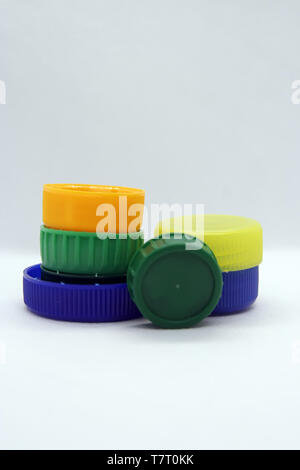 Plastic bottle plug. Plastic bottle cap. Various colors plastic cap. Stock Photo