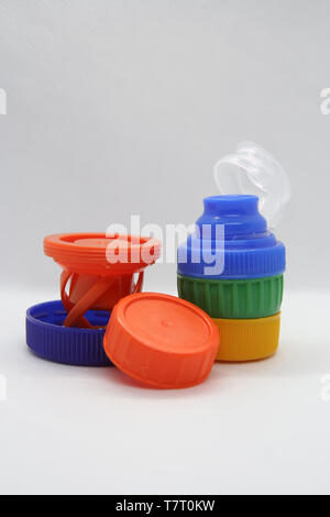 Plastic bottle plug. Plastic bottle cap. Various colors plastic cap. Stock Photo