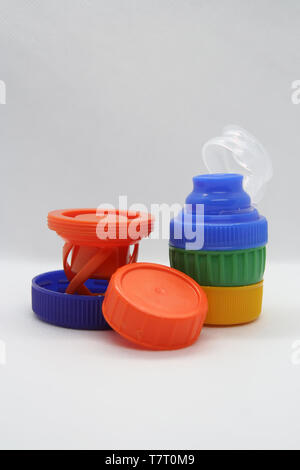 Plastic bottle plug. Plastic bottle cap. Various colors plastic cap. Stock Photo