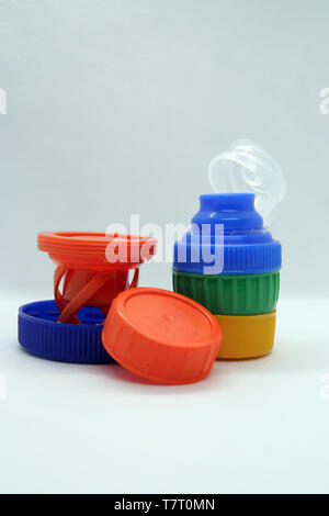 Plastic bottle plug. Plastic bottle cap. Various colors plastic cap. Stock Photo