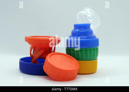 Plastic bottle plug. Plastic bottle cap. Various colors plastic cap. Stock Photo