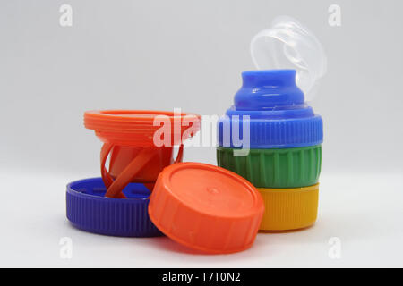 Plastic bottle plug. Plastic bottle cap. Various colors plastic cap. Stock Photo