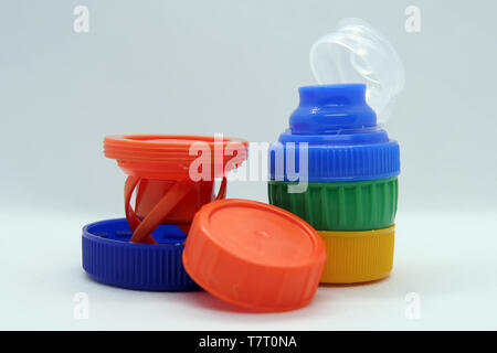Plastic bottle plug. Plastic bottle cap. Various colors plastic cap. Stock Photo