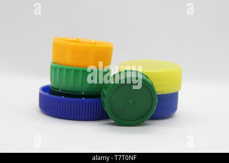 Plastic bottle plug. Plastic bottle cap. Various colors plastic cap. Stock Photo