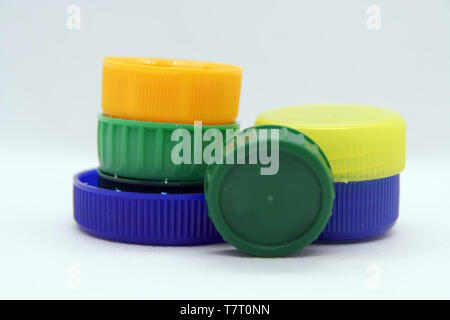 Plastic bottle plug. Plastic bottle cap. Various colors plastic cap. Stock Photo