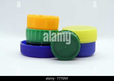 Plastic bottle plug. Plastic bottle cap. Various colors plastic cap. Stock Photo