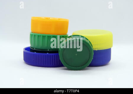 Plastic bottle plug. Plastic bottle cap. Various colors plastic cap. Stock Photo