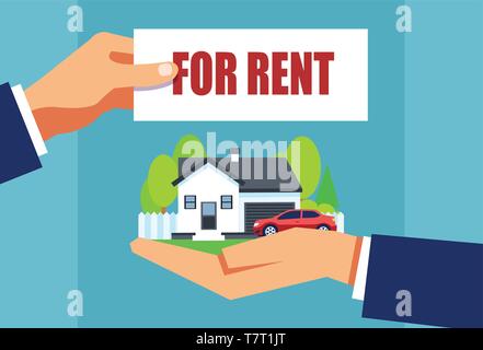 Vector of a real estate agent offering house and car for rent Stock Vector
