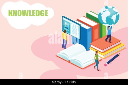 Online education and library concept. Vector of students reading books receiving international college degrees Stock Vector