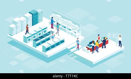 Isometric vector of people shopping at the electronics store Stock Vector