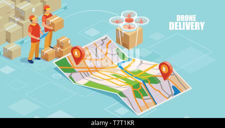 Vector concept for drone delivery service technology. Stock Vector