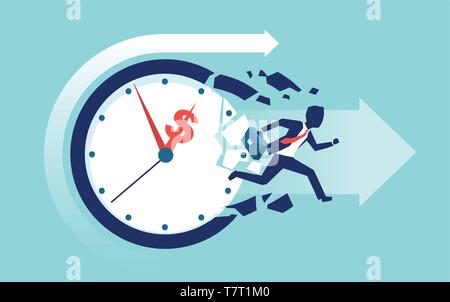 Time is money concept. Vector of a businessman breaking a clock face running for a profit Stock Vector