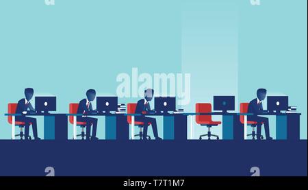 Job vacancy concept. Vector of people working on computers in the office with one empty desk Stock Vector