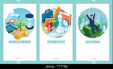 Successful investment strategy concept. Vector set of a businessman making smart financial decisions Stock Vector