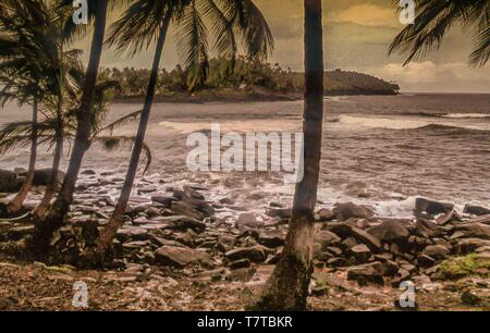 French Guiana. 10th Apr, 2000. A late afternoon view of the rocky islet of Devils Island (ÃŽle du Diable) from Ile Royale, one of the three islands (Royale, Saint-Joseph, and Diable) of the volcanic ÃŽles du Salut group off French Guiana, collectively called Devils Island (ÃŽle du Diable). Now a nature reserve, serving tourists and cruise ship passengers, visitors are not allowed on small Devils Island but tour the decaying old prison facilities on nearby Isle Royale. Credit: Arnold Drapkin/ZUMA Wire/Alamy Live News Stock Photo