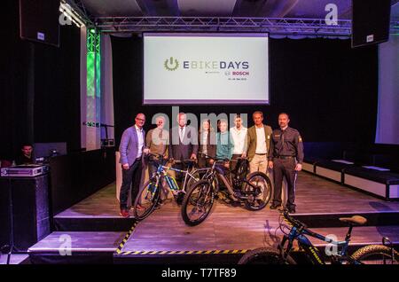 Munich, Bavaria, Germany. 9th May, 2019. As part of the EBikeDays program, Bavarian Interior Minister Joachim Herrmann presented the plans to promote cycling as a travel option within the city, as well as presenting the new police e-bikes.Marion SchÃ¶ne, GeschÃ¤ftsfÃ¼hrerin der Olympiapark MÃ¼nchen GmbH. Credit: ZUMA Press, Inc./Alamy Live News