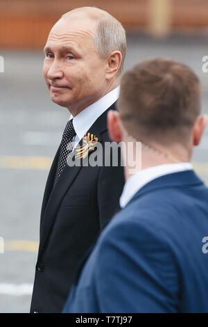 Moscow, Russia. 9th May, 2019. Russian President Vladimir Putin leaves after the Victory Day parade in Moscow, Russia, May 9, 2019. Russia marks the 74th anniversary of the victory over Nazi Germany in World War II here on May 9. Credit: Evgeny Sinitsyn/Xinhua/Alamy Live News Stock Photo