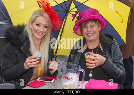 Chester, UK. 9th May, 2019 Boodles May Festival. The famous horse racing event welcomes fashionistas & street style people on this very special parade of the finest expensive female fashions. Glamorous racegoers women in fancy outfits, ladies in figure-hugging suits, floral dresses, lovely, charming, elegant, splendid, impressive, magnificent, prestigious fashionable frocks, plush opulent, ritzy patrons, lovely, charming, elegant, splendid hats, headbands & fashion finery wearing high end couture attend Chester Races. Credit. MWI/AlamyLiveNews Stock Photo