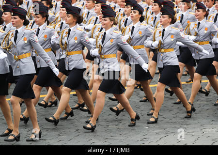 Moscow, Russia. 9th May, 2019. Russian female police cadets march on the Red Square for the Victory Day parade in Moscow, Russia, May 9, 2019. Russia marks the 74th anniversary of the victory over Nazi Germany in World War II here on May 9. Credit: Bai Xueqi/Xinhua/Alamy Live News Stock Photo