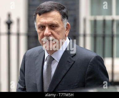 London, UK. 9th May 2019. The Prime Minister of  Libya  Fayez Mustafa al-Sarraj  leaves a meeting with Theresa May MP PC,  Prime Minister  at 10 Downing Street, where it is reported that the Theresa May MP PC, Prime Minister expressed her concern about the current conflict in Libya Credit Ian Davidson/Alamy Live News Stock Photo