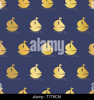 Sailboats gold foil seamless vector background. Summer pattern kids. Stock Vector
