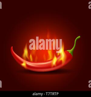 Burning chili pepper with flame on red background, bitter spicy hot Stock Vector