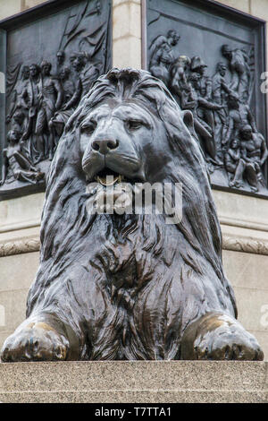 One of the four lions designed by Landseer at the base of the Nelson's Column in Trafalgar Square, London, United Kingdom. Stock Photo