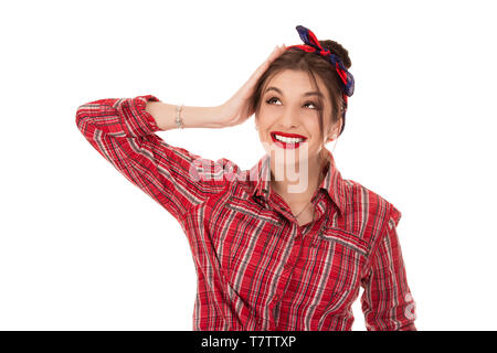 Wow hooray omg! Close up photo portrait of joy fun funny cheerful rejoicing pretty lady looking up to side hand on head wearing red checkered shirt is Stock Photo