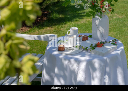 Served table-two cups of coffee, a book and spring flowers in a white vase on a sunny spring day in the garden. There is a wooden bench next to it Stock Photo