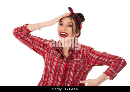 I should keep calm, but I can't! Close up portrait of extremely happy and amazed cheerful mature woman touching her head, because she is surprised, lo Stock Photo