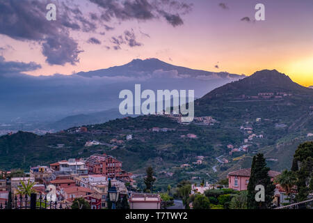 View of Mount Etna at sunset from Taormina, Sicily. Stock Photo