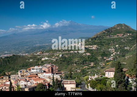 Morning view of Mount Etna from Taormina, Sicily. Stock Photo