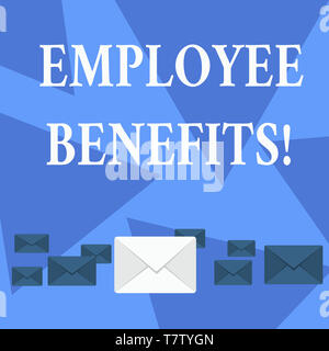 Writing note showing Employee Benefits. Business concept for payments made to employees beyond the scope of wages Color Envelopes in Different Sizes w Stock Photo