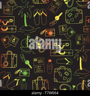 Summer vacation icons seamless vector background black and neon colors Stock Vector