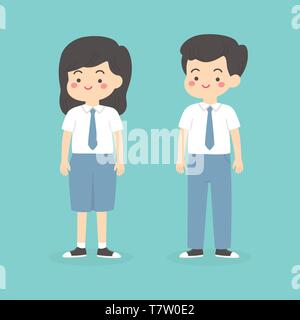 Cute Indonesian Senior High School Boy Girl Wearing Gray and White Uniform Cartoon Vector Illustration Stock Vector