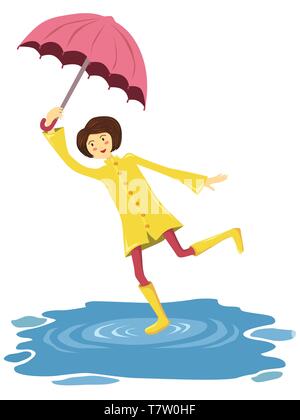 Girl dancing with yellow raincoat, boots and her pink umbrella on puddle after rain Stock Vector