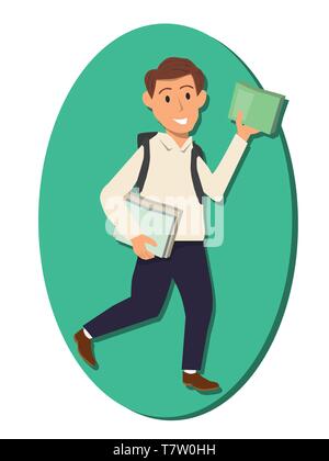 Man holding books under his arm on green background vector illustration cartoon Stock Vector