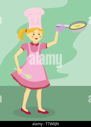 girl chef with pink dress and pink apron holding frying pan and ladle on green background Stock Vector
