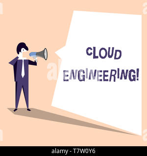 Handwriting text Cloud Engineering. Conceptual photo application of engineering disciplines to cloud computing Businessman Shouting on Megaphone and B Stock Photo