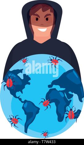 world virus cybersecurity data protection vector illustration outline ...