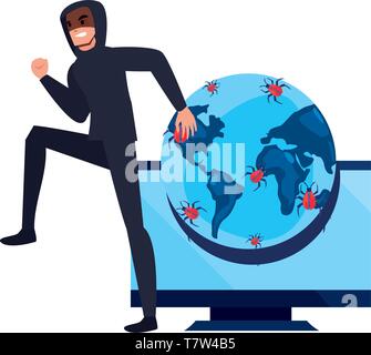 hacker computer world virus message cybersecurity data protection vector illustration Stock Vector