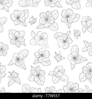 Seamless pattern of hand-drawn apple blossom, anti-stress coloring page for kids and adults Stock Vector