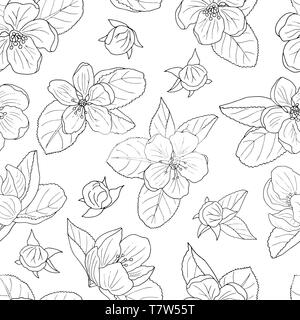 Seamless pattern of hand-drawn apple blossom, anti-stress coloring page for kids and adults Stock Vector