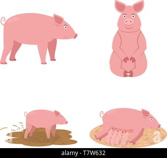 Pig icon set, cute pink pig sits, feeds its children and walks through the swamp, animal vector illustration Stock Vector