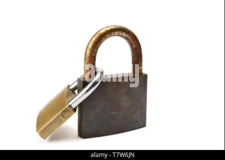 Closed padlocks together on white background. Stock Photo