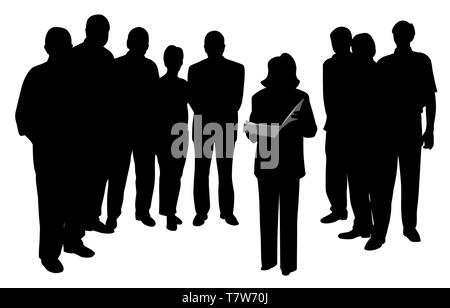 Woman public speaking reading or giving a presentation in front of people group Stock Vector