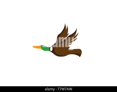 Goose flying with a green head and yellow beak logo vector design illustration Stock Vector