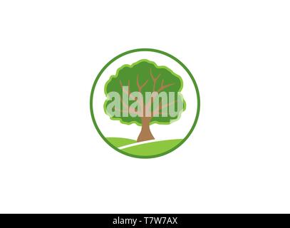 Tree circle a leafy tree on a green plateau, twigs logo vector design Stock Vector