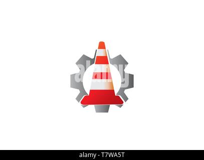 Traffic cone in under construction signal Warning inside gear pinion for logo design Stock Vector