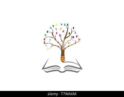 Pencil tree with the alphabet in twigs and write in an open book for logo design Stock Vector